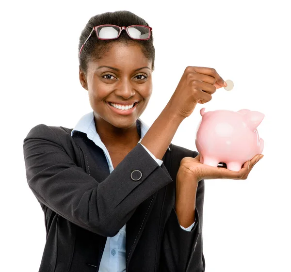 Saving Makes Cents Studio Shot Young Businesswoman Putting Coin Piggybank — Stock Photo, Image