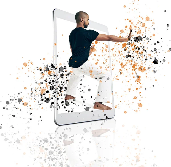 Fitness, frame and karate man on digital tablet in studio for training, health and creative sports on white background. Screen, box and male taekwondo trainer with online app for martial arts workout.