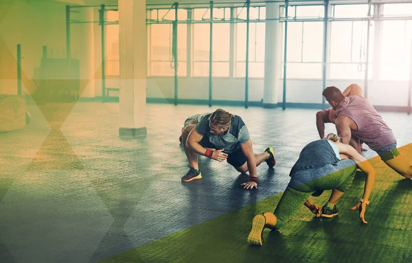 stock image Overlay, stretching and people at the gym for fitness, workout and training as a group. Morning, start and friends ready in a class for exercise, sports and a warm up for performance in cardio.