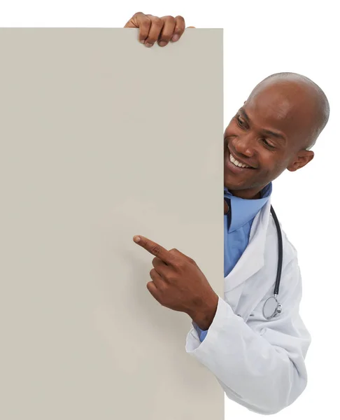 Endorsing Your Healthcare Message Young African Doctor Pointing Area Reserved — Stock Photo, Image