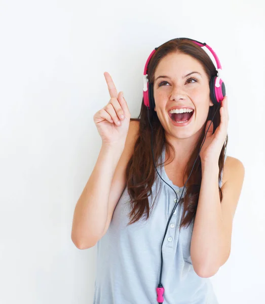 Music Headphones Pointing Happy Woman Listening Girl Song Audio Podcast — Stock Photo, Image