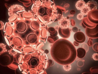 Virüs, kırmızı kan hücreleri ve mikroskop görüşlü bilim araştırmaları. Bağışıklık sistemini veya molekülü yakınlaştır, sağlık hizmetlerinin DNA 'sında mikroskobik organizmalar ve deney süreci veya tıp keşfi