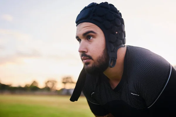 Focus Key Handsome Young Sportsman Wearing Headgear Crouching Alone Rugby — Stock Photo, Image
