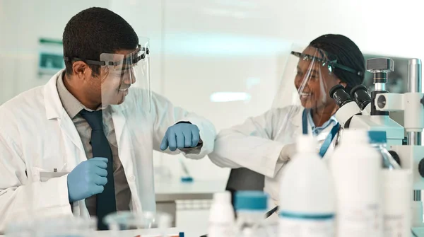 Good Job Lab Partner Two Scientists Bumping Elbows While Working — Stock Photo, Image