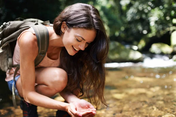Let Forest Fill Your Senses Young Woman Stopping Water Break — Stock Photo, Image