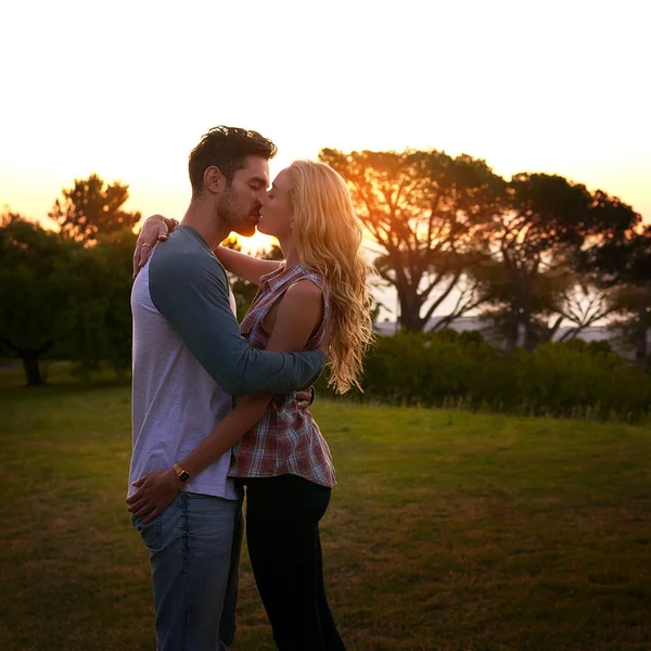 Par Kyss Natur Och Träd Solnedgången Med Kärlek Romantik Och — Stockfoto