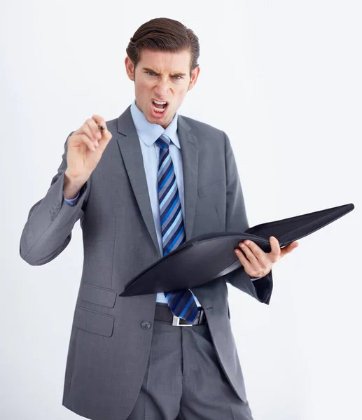 Portrait Angry Man Documents Pointing Studio Compliance Complaint Discipline White — Stock Photo, Image