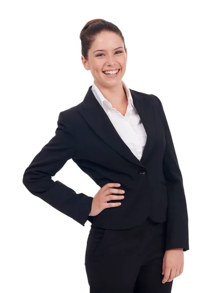Business Portrait Happy Woman Studio Confident Young Empowered White Background — Stock Photo, Image
