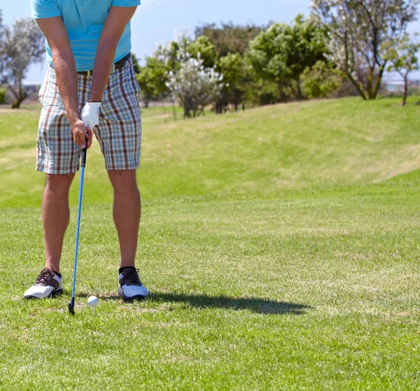 Primer Plano Golf Hombre Con Tiro Campo Equilibrio Fitness Con — Foto de Stock