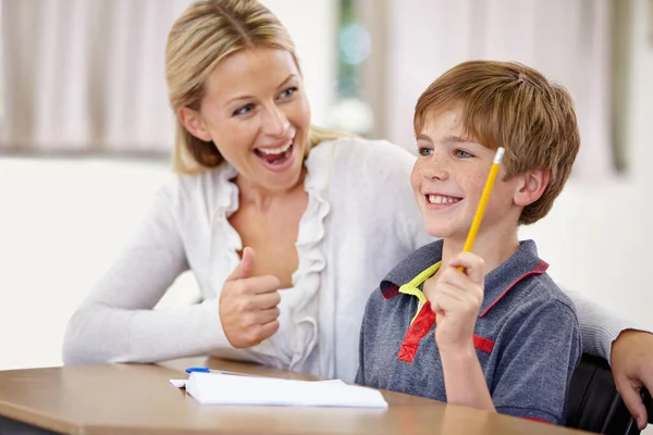 Thumbs Happy Teacher Student Classroom School Teaching Correct Success Education — Stock Photo, Image