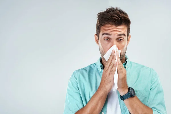 Excuse Just Minute Portrait Young Man Blowing His Nose Tissue — Stock Photo, Image