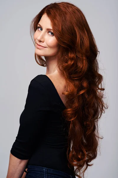 Червона Голова Догляд Волоссям Портрет Жінки Здоров Кератинове Лікування Догляд — стокове фото