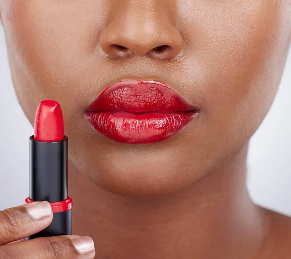 Lipstick Junkie Cropped Studio Shot Unrecognizable Woman Wearing Bright Red — Stock Photo, Image