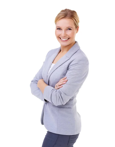 Moje Pozytywne Nastawienie Przebija Młoda Blondynka Bizneswoman Uśmiecha Się Kamery — Zdjęcie stockowe