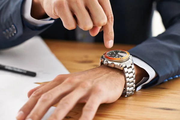 Making Sure Sticks Schedule Businessman Checking Time His Watch — Stock Photo, Image