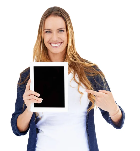 Vrouw Wijzend Tablet Mockup Portret Geïsoleerd Een Witte Achtergrond Voor — Stockfoto