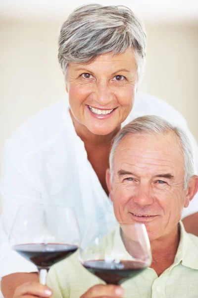 Pasangan Dewasa Memegang Gelas Anggur Portrait Beautiful Matre Couple Smile — Stok Foto