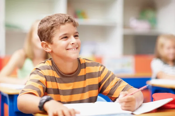 Its Easy Pay Attention Favourite Subject Happy Schoolboy His Desk — Stock Photo, Image