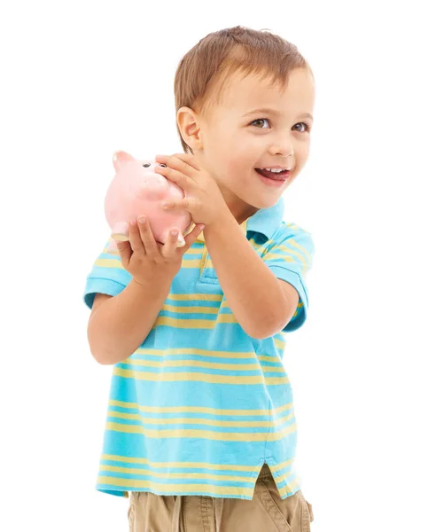 Hes Little Saver Studio Shot Young Boy Holding Piggy Bank — Stock Photo, Image