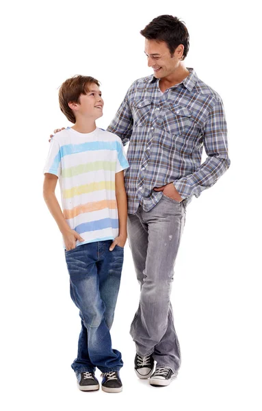 Make Great Team Father Son Standing Each Other Isolated White — Stock Photo, Image