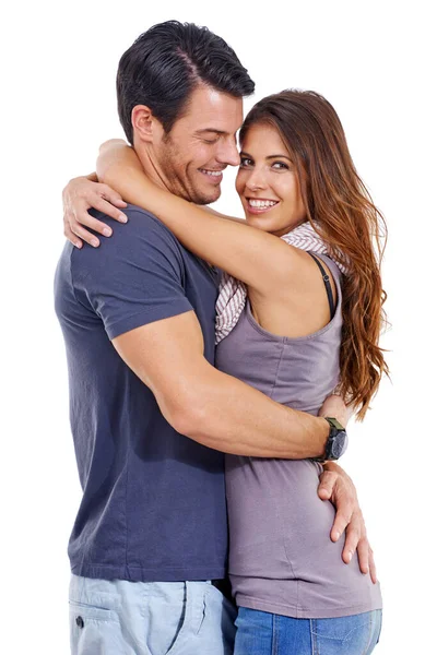 Bom Partido Estúdio Tiro Jovem Casal Amoroso Abraçando Isolado Branco — Fotografia de Stock