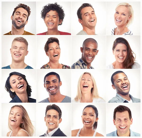 Gülme Yüz Kolajı Topluluk Grubundaki Mutlu Insanların Portresi Espri Komedi — Stok fotoğraf