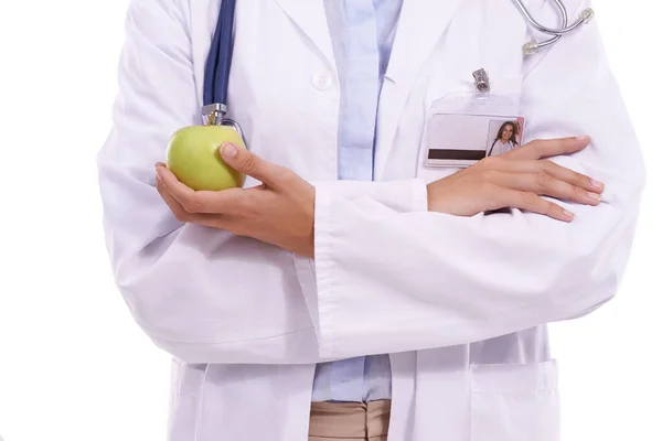 Doctors Say Apple Day Cropped Torso Doctor Standing Folded Arms — Stock Photo, Image