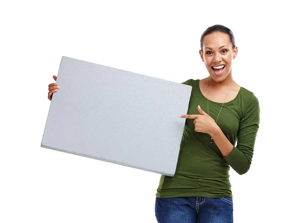 Wygląda Świetny Pomysł Portret Atrakcyjnej Młodej Kobiety Wskazującej Tablicę Odizolowanym — Zdjęcie stockowe