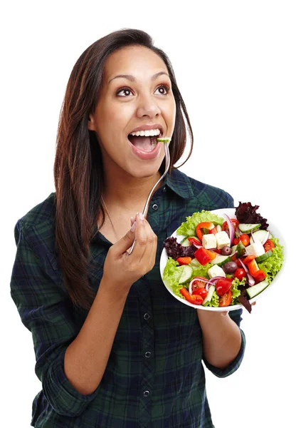 Taking Bite Out Health Attractive Young Woman Enjoying Salad Isolated — Stock Photo, Image