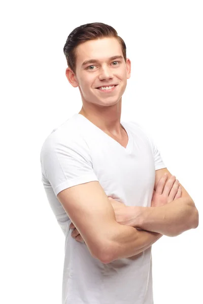 Небрежно Красивый Обрезанный Портрет Счастливого Молодого Человека Изолированного Белом — стоковое фото