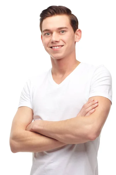 Casually Handsome Cropped Portrait Happy Young Man Isolated White — Stock Photo, Image