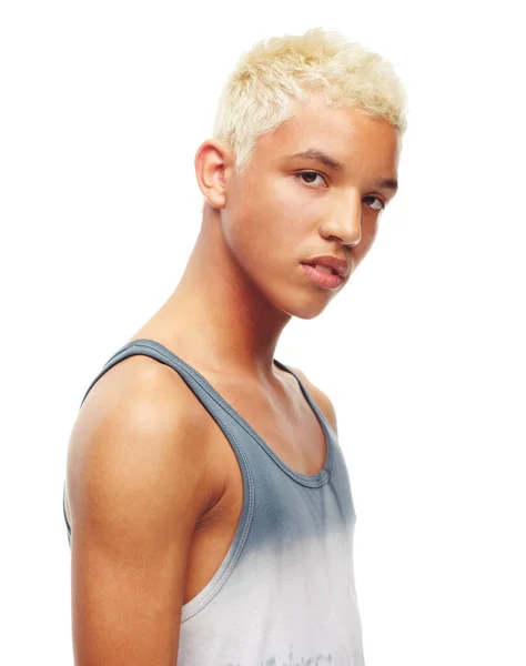 Młoda Pewność Siebie Studyjne Ujęcie Młodego Mężczyzny Odizolowanego Biało — Zdjęcie stockowe