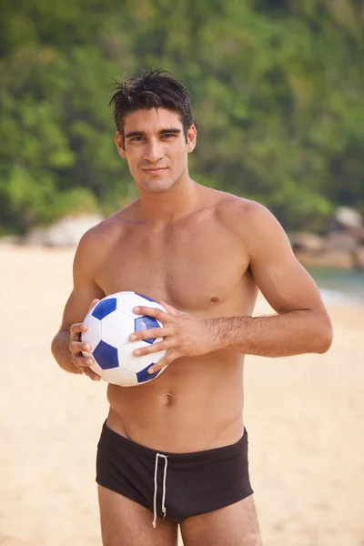 Soccer Anyone Portrait Handsome Young Man Soccer Ball Beach — Stock Photo, Image