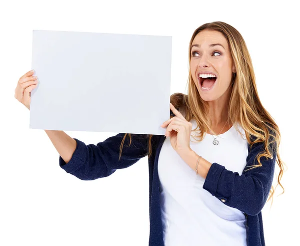 Αφίσα Mockup Wow Excited Woman Isolated White Background News Παρουσίαση — Φωτογραφία Αρχείου
