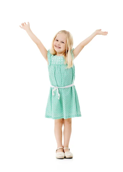 Студийный Снимок Милой Маленькой Девочки Протягивающей Руки Счастье Белом Фоне — стоковое фото