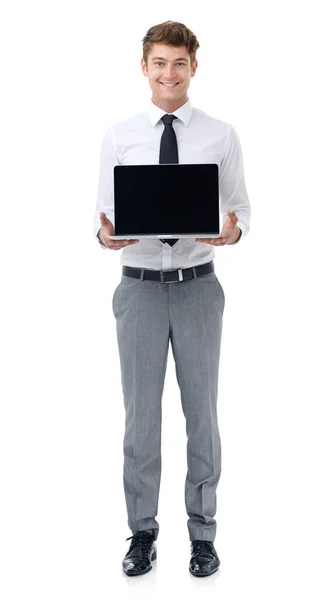 Confira Mais Novo Modelo Homem Negócios Segurando Laptop Copyspace — Fotografia de Stock