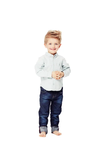 Feliz Moda Retrato Uma Criança Jeans Isolada Fundo Branco Estúdio — Fotografia de Stock