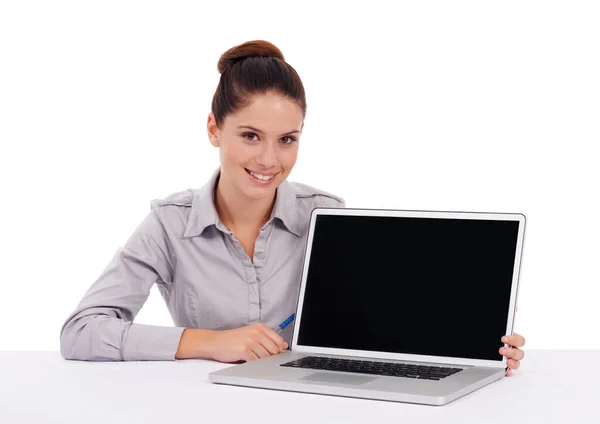 Laptop Scherm Studio Gelukkig Portret Vrouw Met Business Mockup Voor — Stockfoto