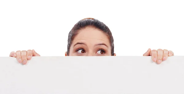 Eyes Mockup Poster Woman Studio Isolated White Background Holding Blank — Stock Photo, Image
