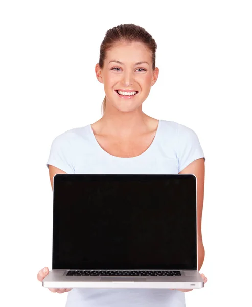 Vrouw Blanco Laptop Studio Portret Met Glimlach Mockup Ruimte Promo — Stockfoto
