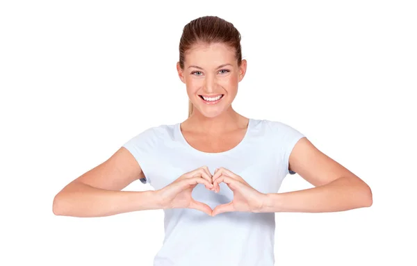 Miłość Uśmiech Portret Szczęśliwej Kobiety Robiącej Znak Serca Kształt Lub — Zdjęcie stockowe