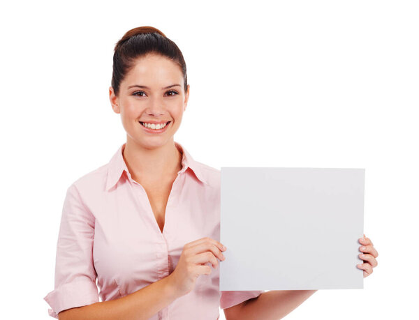 Mockup, paper and smile with portrait of woman in studio for idea, promotion and space. Corporate, signage and happy with female employee and card on white background for news and presentation.