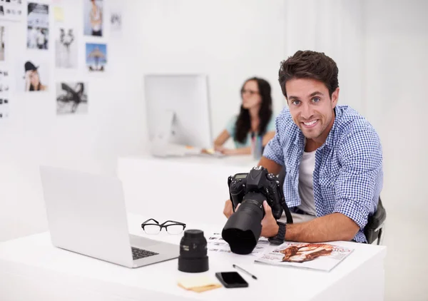 Using Tools Trade Two Photographers Sitting Office Working Layouts Inspecting — Stok fotoğraf