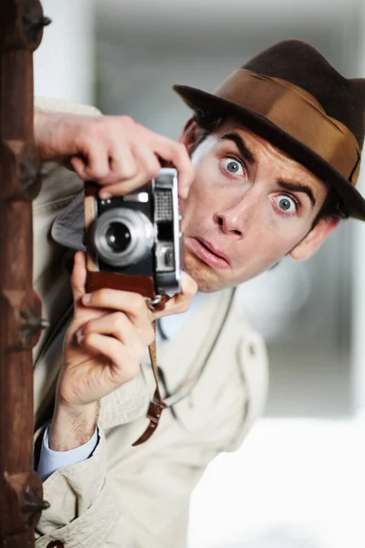 Agente Retro Hombre Calle Cámara Para Investigación Inspección Trabajo Espía —  Fotos de Stock