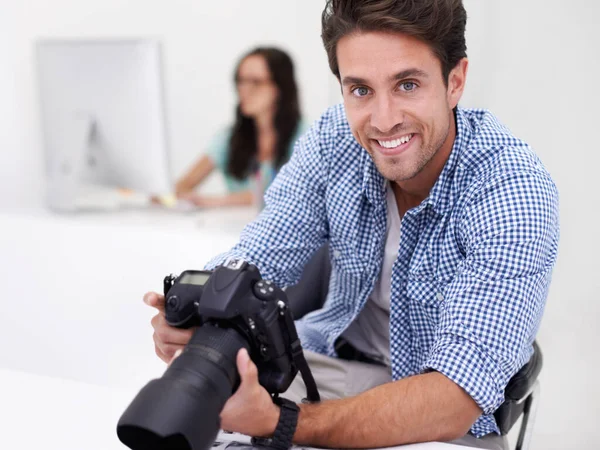 Using Tools Trade Two Photographers Sitting Office Working Layouts Inspecting — Stok fotoğraf