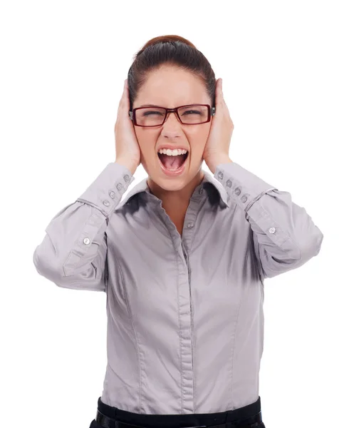 Business Woman Scream Covering Ears Portrait Studio While Frustrated Angry — Stock Photo, Image