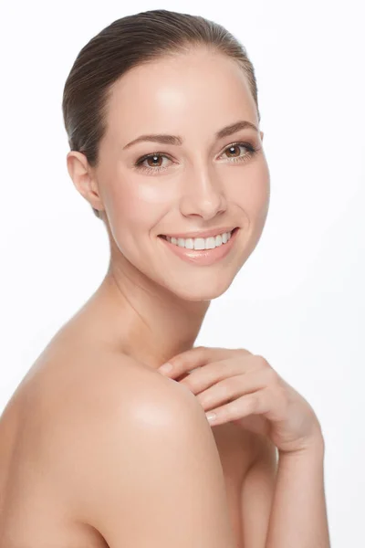 Portrait Smile Woman Beauty Dermatology Confident Girl Isolated White Studio — Stock Photo, Image
