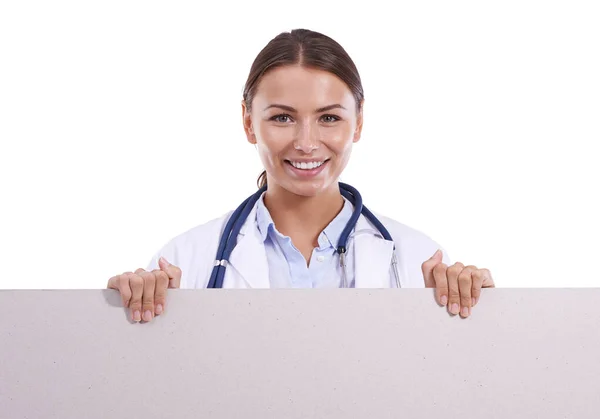 Aprovar Seu Produto Médico Jovem Médico Bonito Segurando Cartaz Branco — Fotografia de Stock