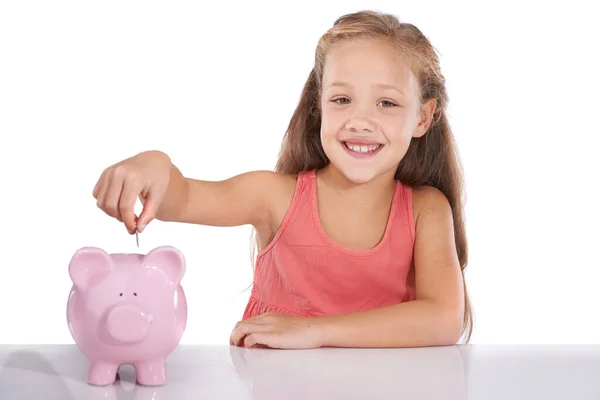 Saving Starts Early Days Image Cute Young Girl Putting Coin — Stock Photo, Image
