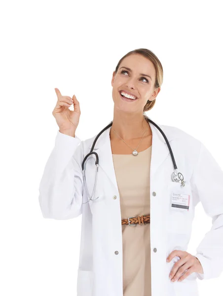 Have Solution Your Healthcare Needs Young Female Doctor Pointing Upwards — Stock Photo, Image